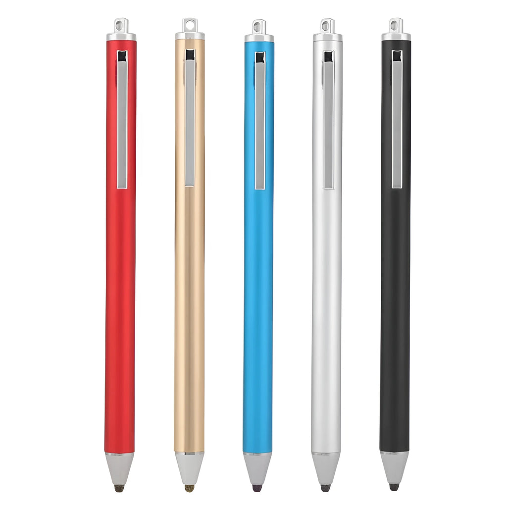 Metal fine-tip capacitive stylus for tablet drawing in silver, red, blue, gold, pink, grey, and black.