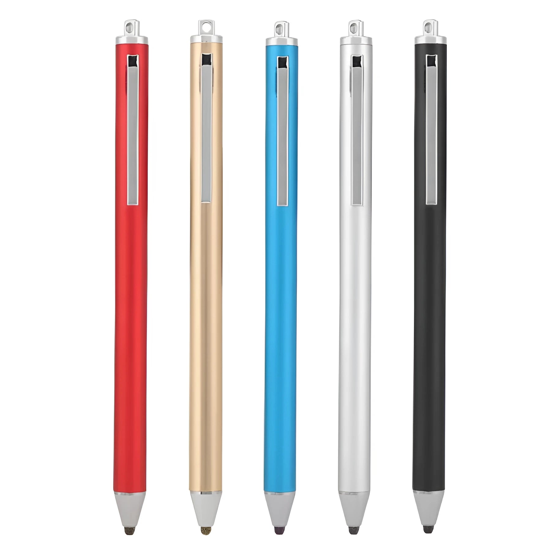 Metal fine-tip capacitive stylus for tablet drawing in silver, red, blue, gold, pink, grey, and black.