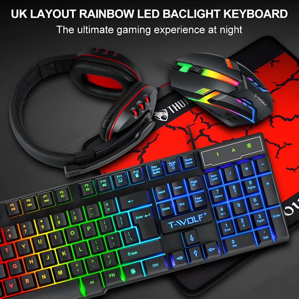 Thunder Wolf gaming keyboard and mouse set with wired USB connections and included mouse pad