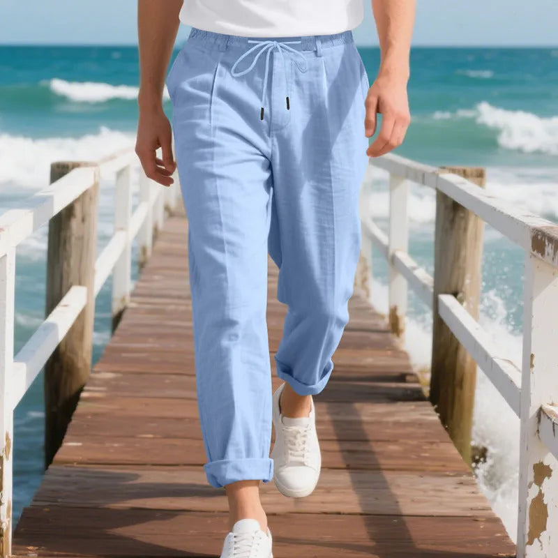 Men's linen casual pants in straight-leg style with drawstring waist in various colours