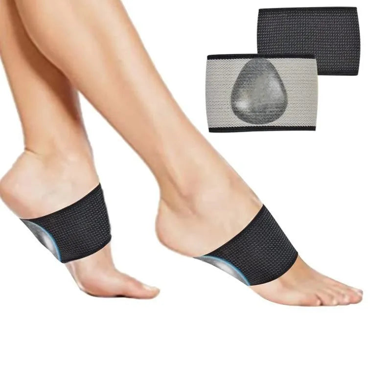 A pair of white elastic foot bandages with a central heart-shaped pad for arch support, on a plain background.