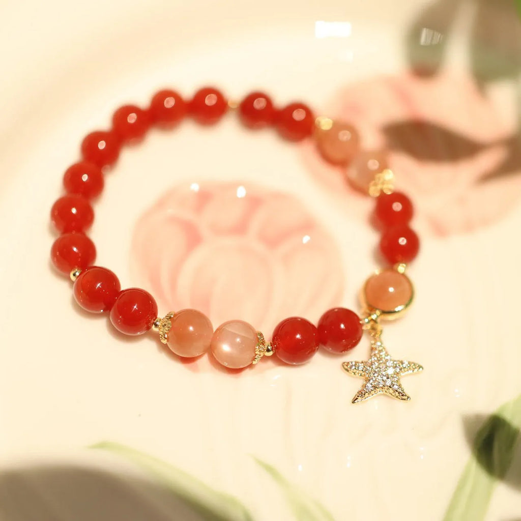 Handmade women's red agate sunstone bracelet 8mm beads star shape ethnic style