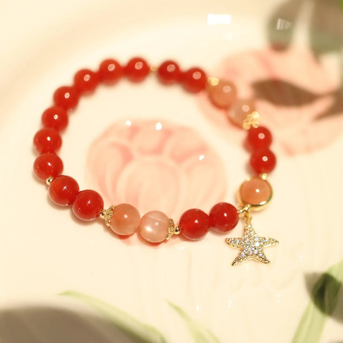 Handmade women's red agate sunstone bracelet 8mm beads star shape ethnic style