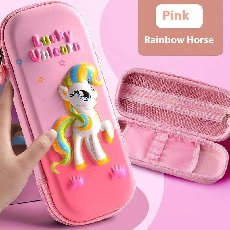 3D leather pencil case showing multiple design options including space, fantasy and animal themes