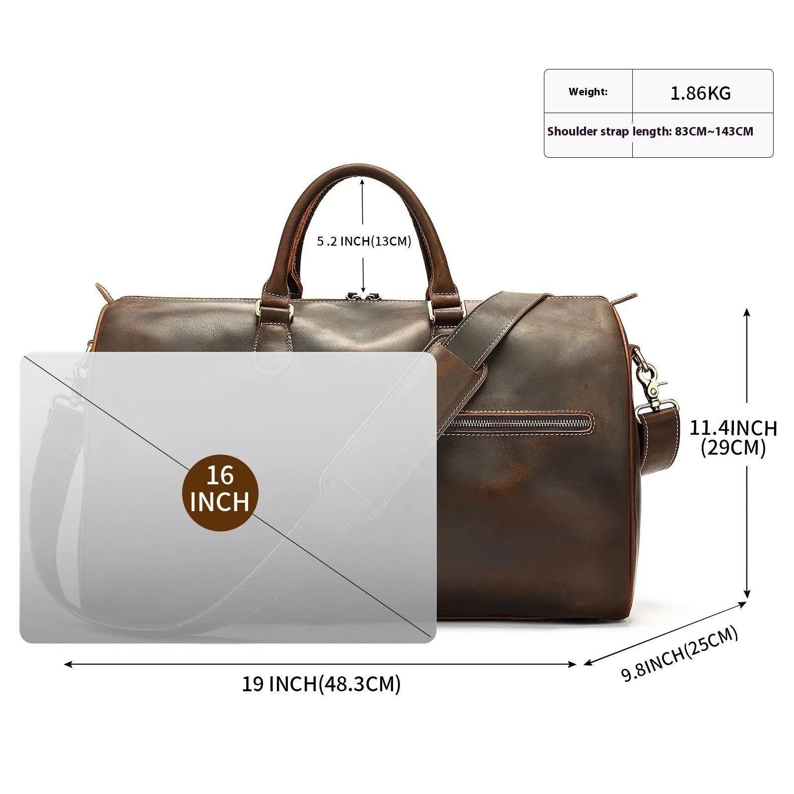 Men's vintage-style genuine leather crossbody bag in large size with crossbody strap.