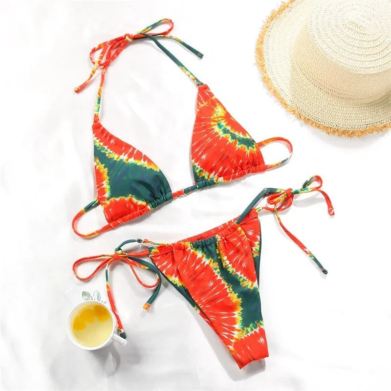 Women's polka dot print split swimsuit bikini set with floral and gradient pattern options