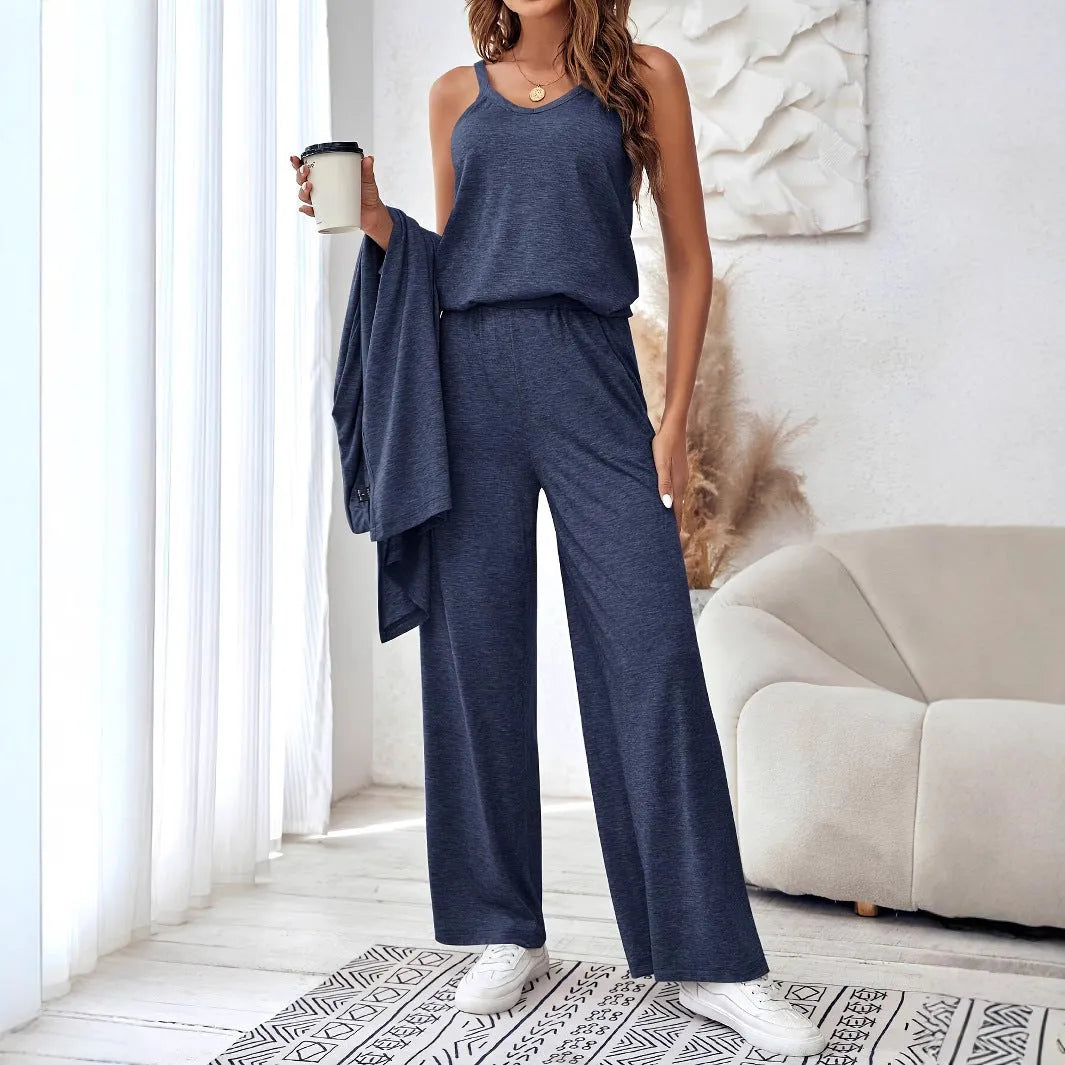 Women's blue polyester casual suit with long sleeve top, trousers, and suspenders in Japanese Korean style