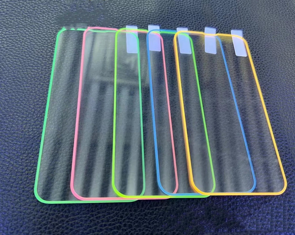 Fluorescent tempered glass full screen protector for iPhone in pink, yellow, green, blue, and grass green luminous colours.