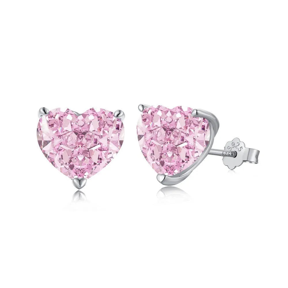 S925 silver heart zircon ear studs with electroplated finish, geometric heart design, one pair