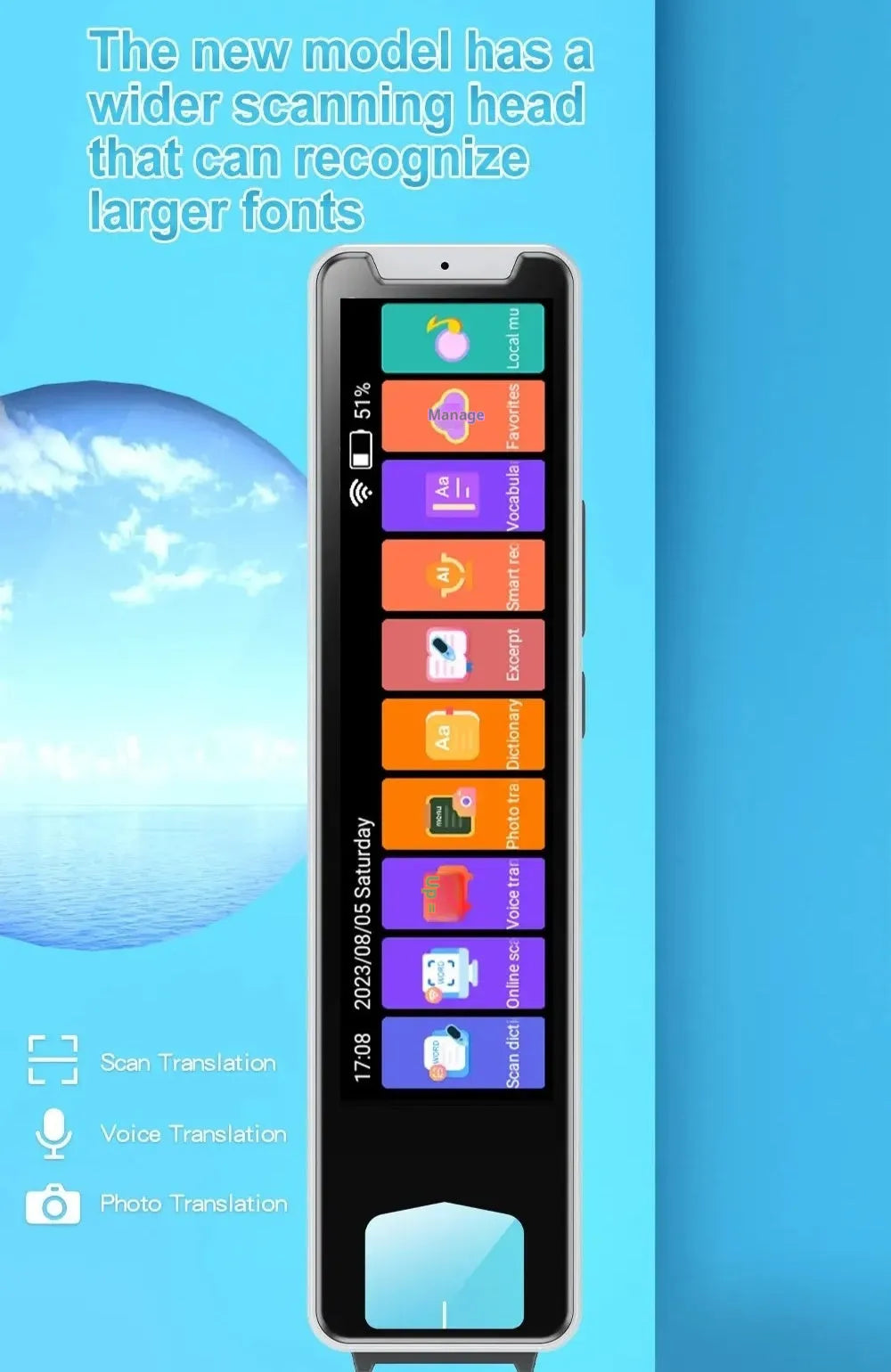 Multi-language scanning pen with 3.38in screen, ABS body, 148x36x15mm, offline Arabic model, with silicone cover.