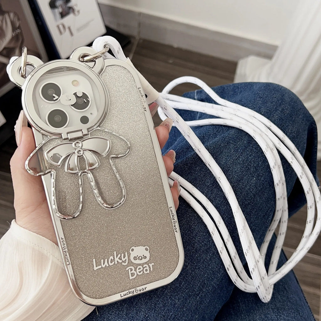 Electroplating glitter phone case with lucky bear bracket for iPhone, TPU all-inclusive crossbody cover in Dark Night Purple