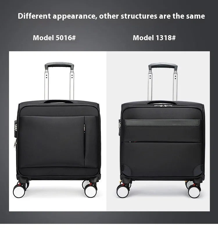 18-inch black Oxford cloth boarding suitcase with retractable handle and universal wheels