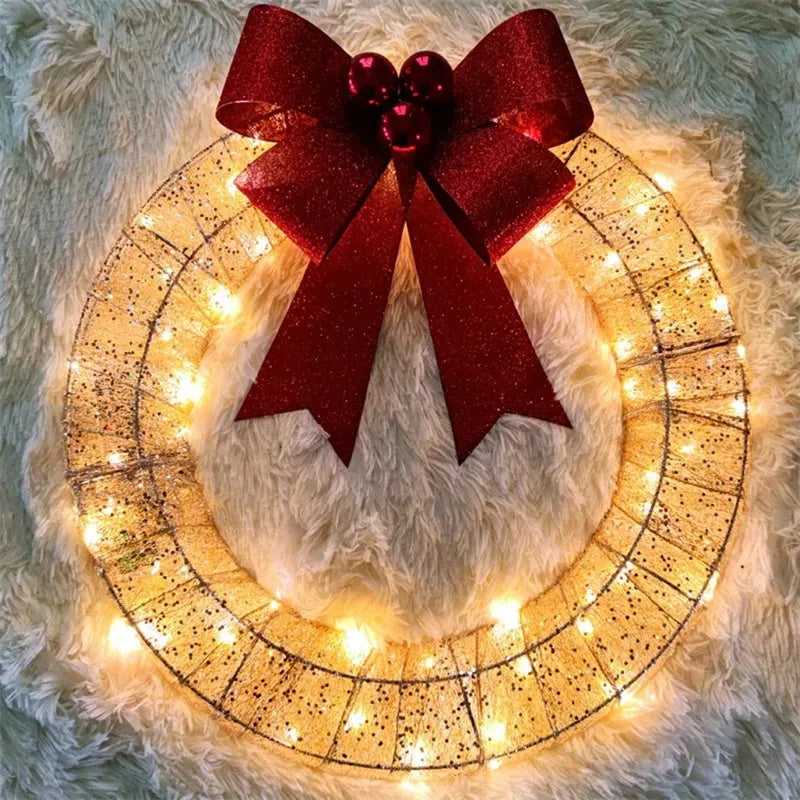 50cm Christmas garland wreath with bowknot, 140 warm LED lights, gold or green, for front door indoor outdoor use