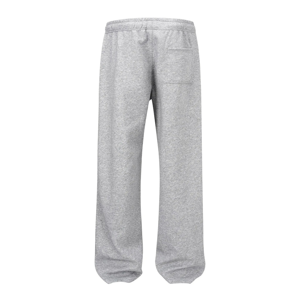 Men's grey straight-leg cotton casual trousers with an elasticated waistband laid flat.