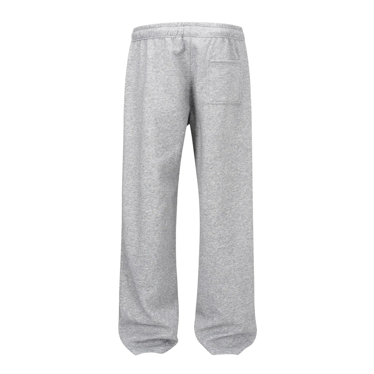Men's grey straight-leg cotton casual trousers with an elasticated waistband laid flat.