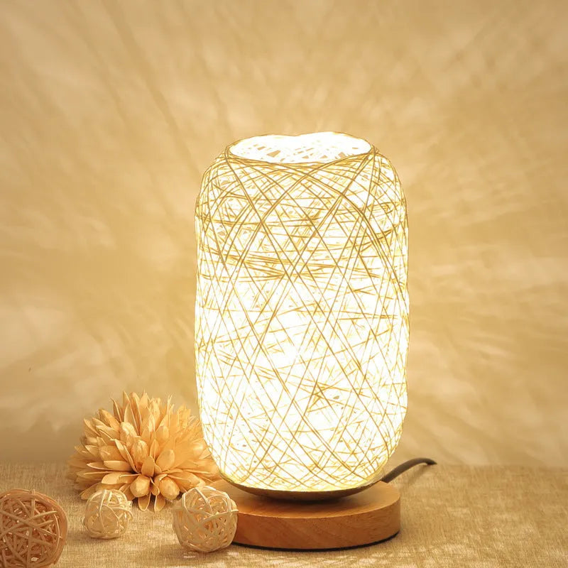 Dimmable LED wooden twine vine night table lamp with beige lampshade remote switch warm light