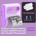 Children's instant printing camera with dual HD cameras in pink colour, showing included lanyard and printing paper