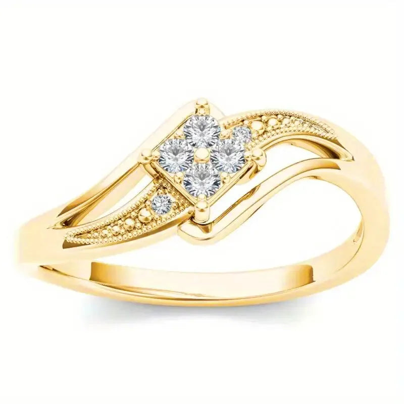 Yellow gold coloured copper diamond ring with geometric design and micro inlaid zircon detail.