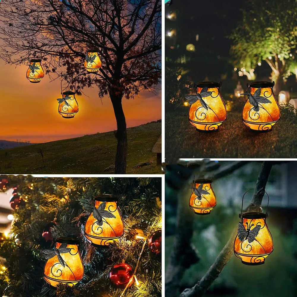 Solar garden flame light in butterfly, dragonfly or hummingbird style, IP55 outdoor LED, 6-12 hour lighting