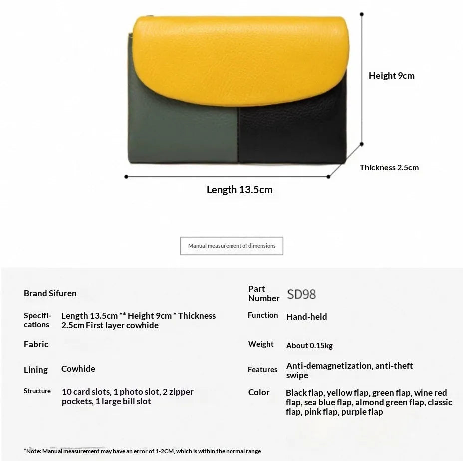 Women's short wallet with soft leather texture, solid colour design, stitching detail, and polyester lining, shown in one of nine colours.