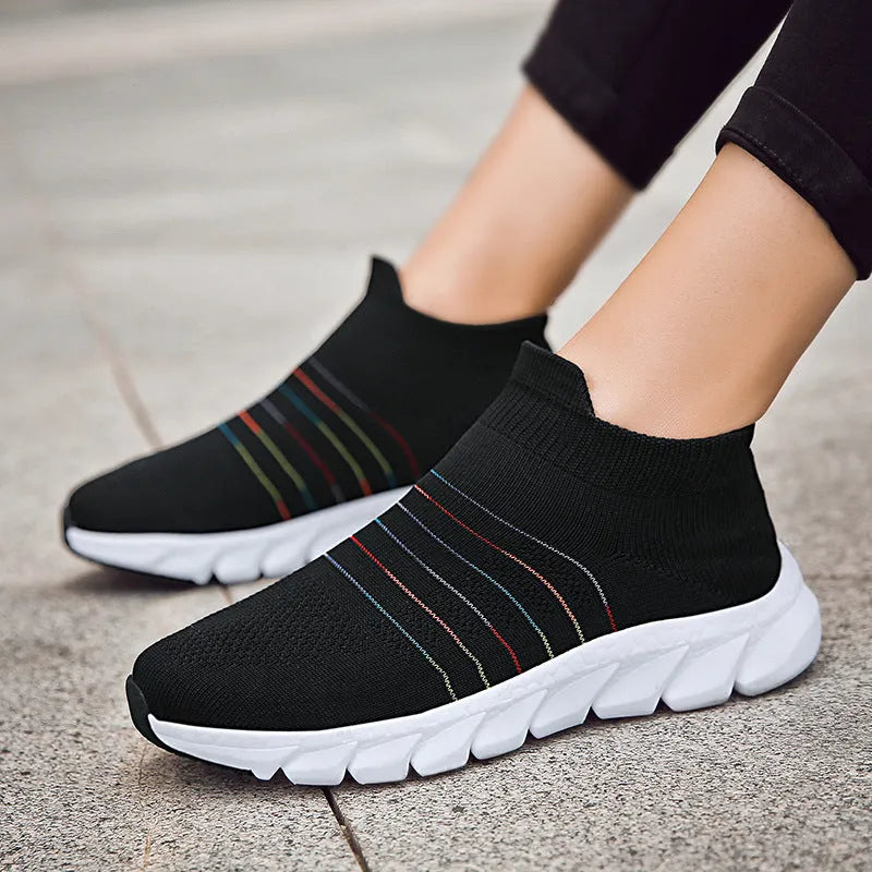 Feizhi women's mesh sock shoes in black side view soft sole slip-on design