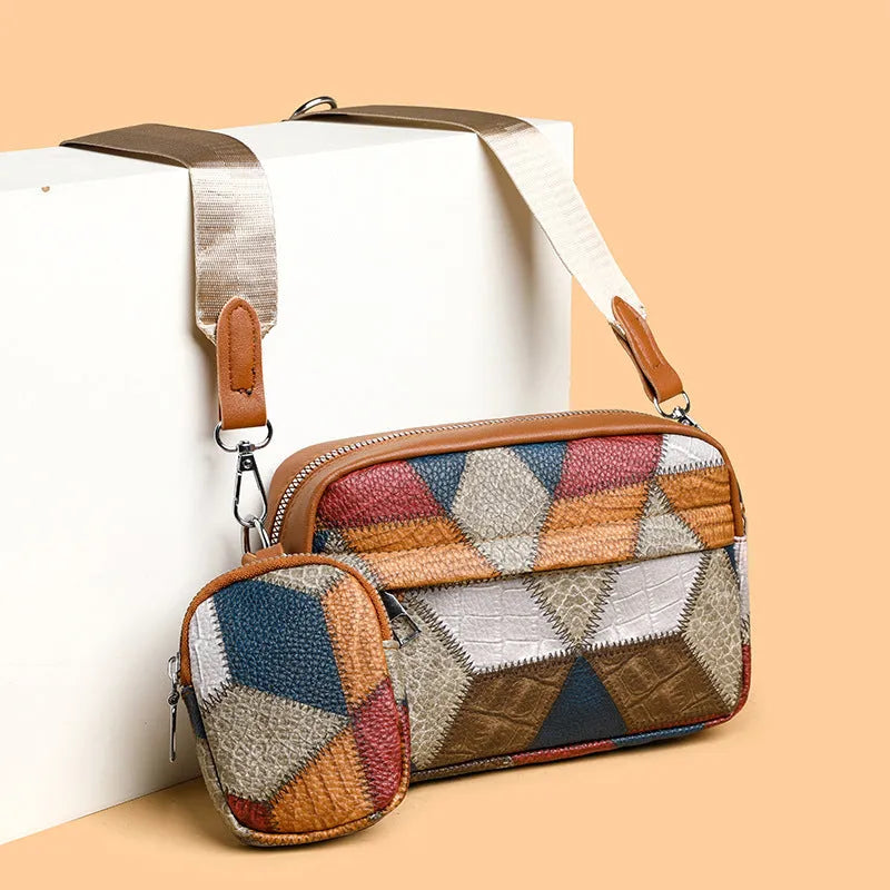 Small square crossbody bag with contrast stitching, PU outer, polyester lining, black or yellow colour matching.