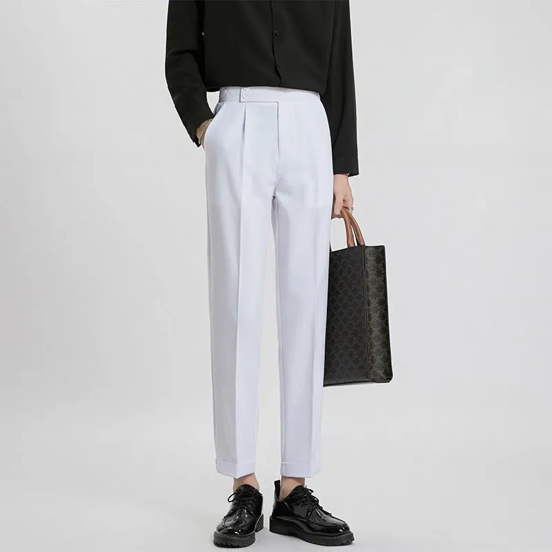 Men's slim fit ankle length straight leg polyester trousers in black, front view