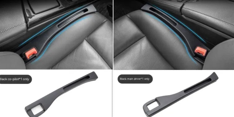 Black plastic car seat gap storage organiser box with a handle.