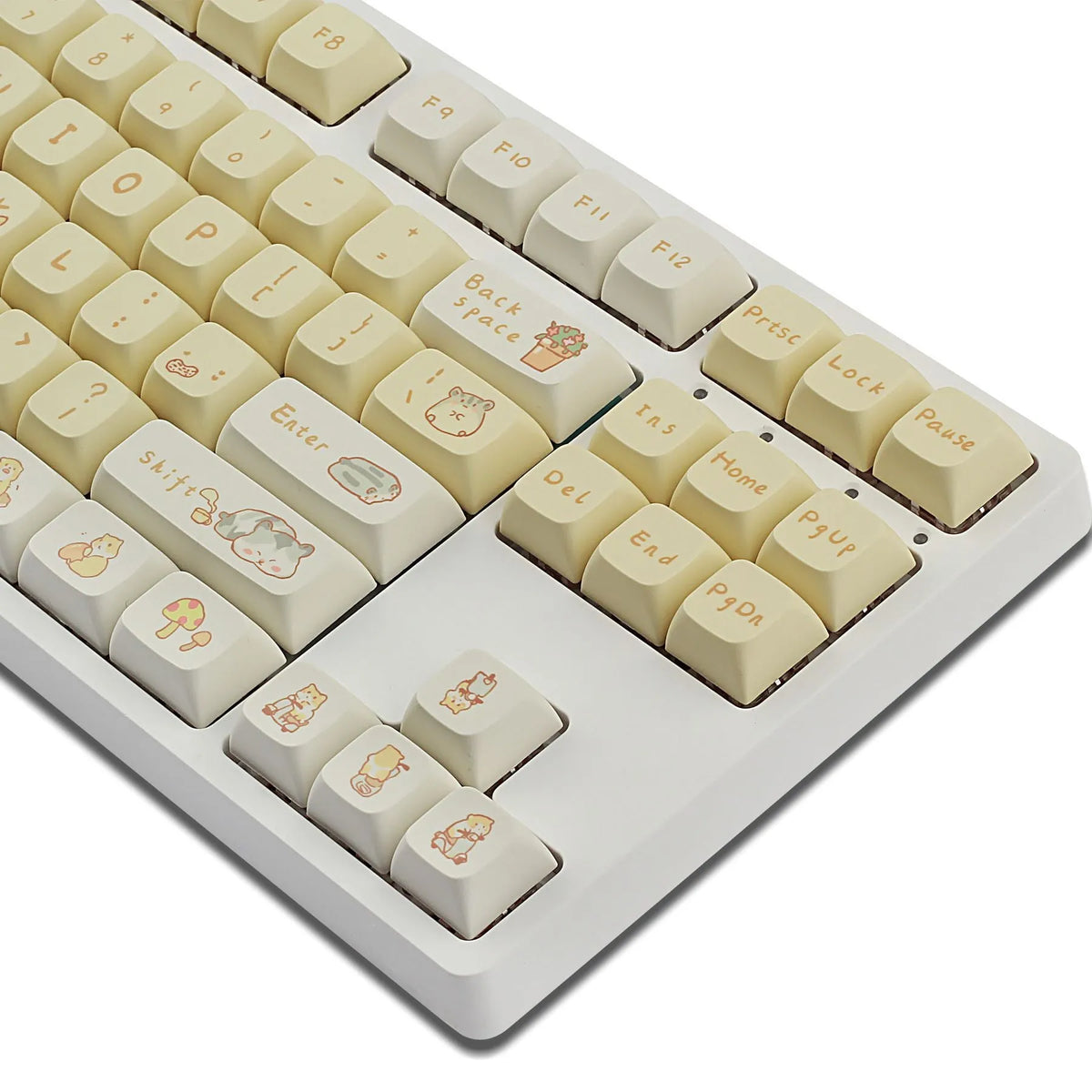 XDA profile mechanical keyboard keycaps in custard colour palette with grey and yellow accents
