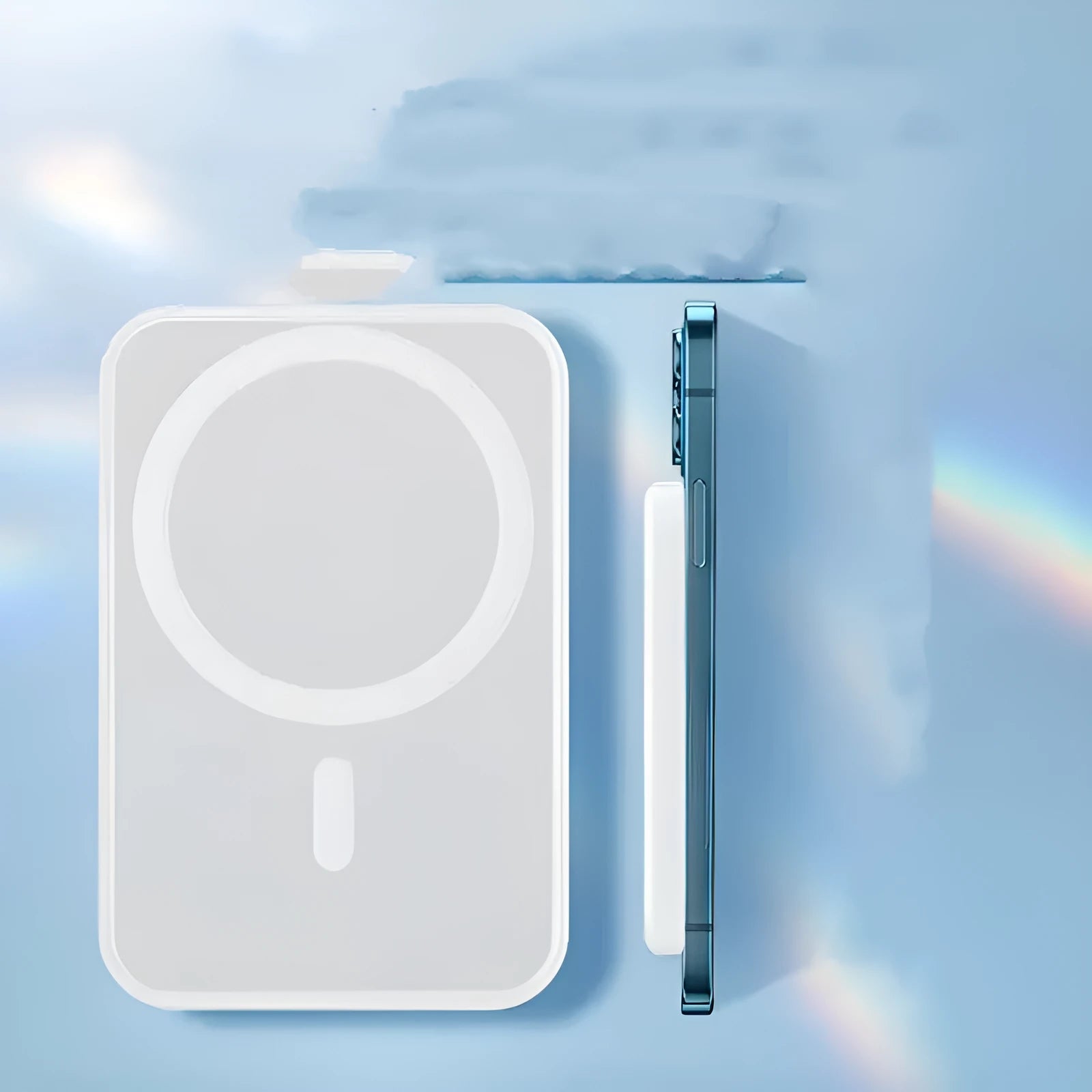 White magnetic wireless charger power bank with 5000mAh capacity and compact dimensions