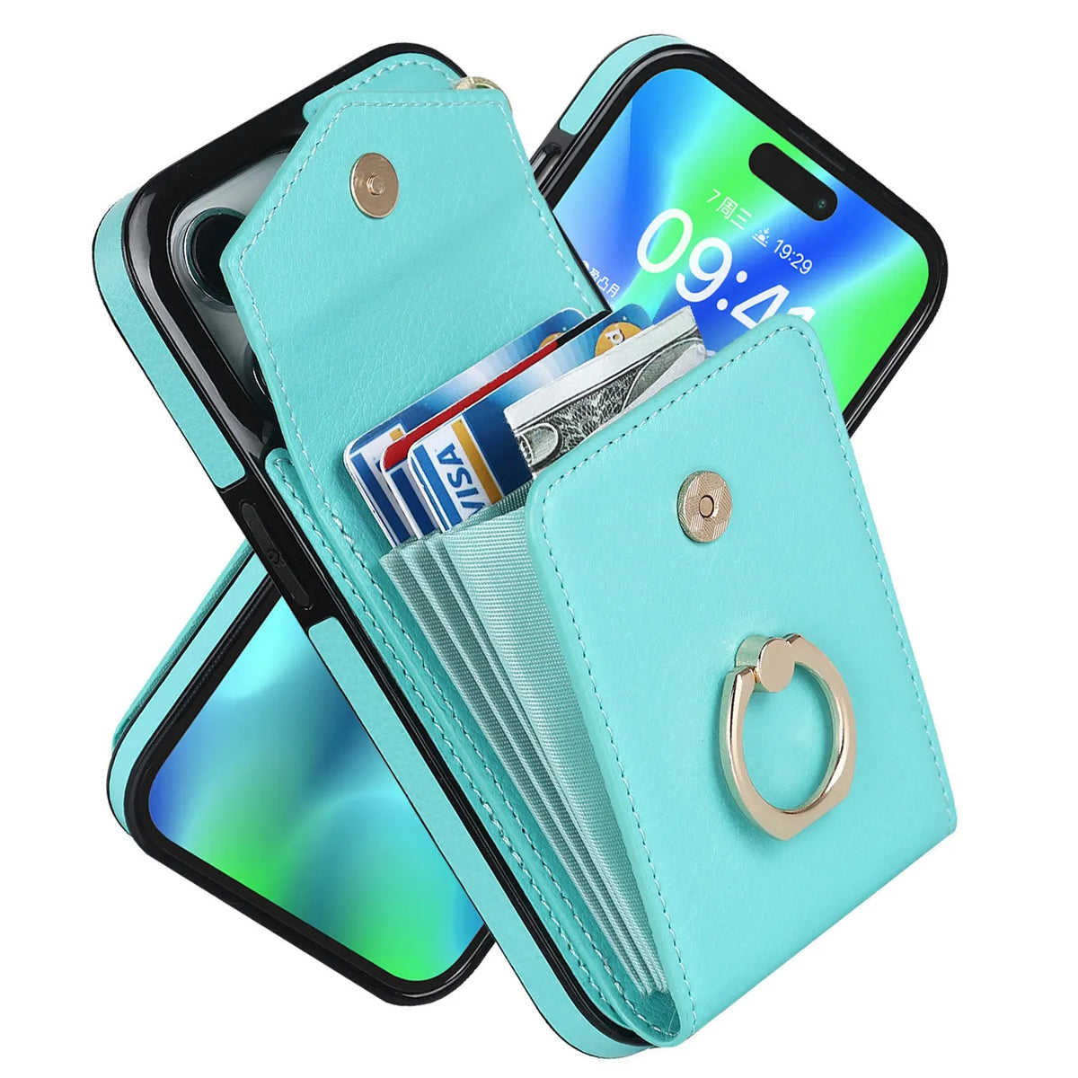 PU leather phone case with card slot and kickstand for iPhone, colour Black, handmade card-type design