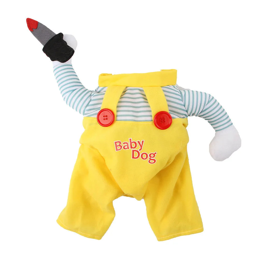 Yellow sword pattern cat costume on pet mannequin showing assassin theme with four size options