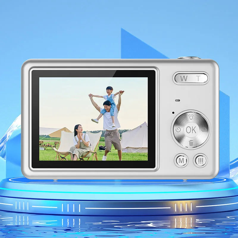 Mini digital camera for children, 80x46x45mm ABS plastic body, available in HD White, HD Black, HD Gray, and HD Silver.