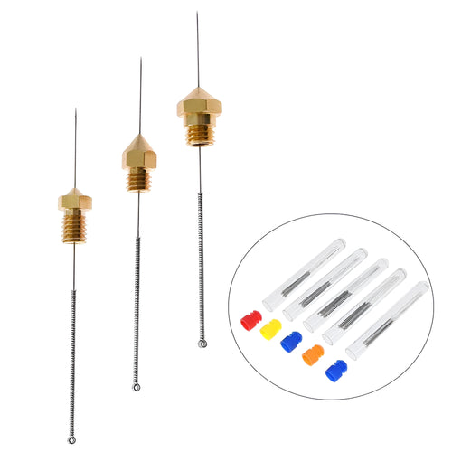 Ten metal cleaning needles for MK8 and E3D 3D printer nozzles in a pack.
