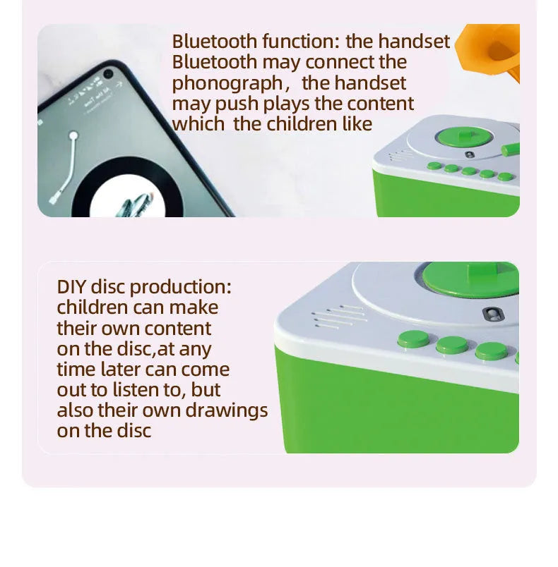 Green ABS children's early learning story machine, 80.5 mm x 45 mm x 45 mm, with Bluetooth and recording