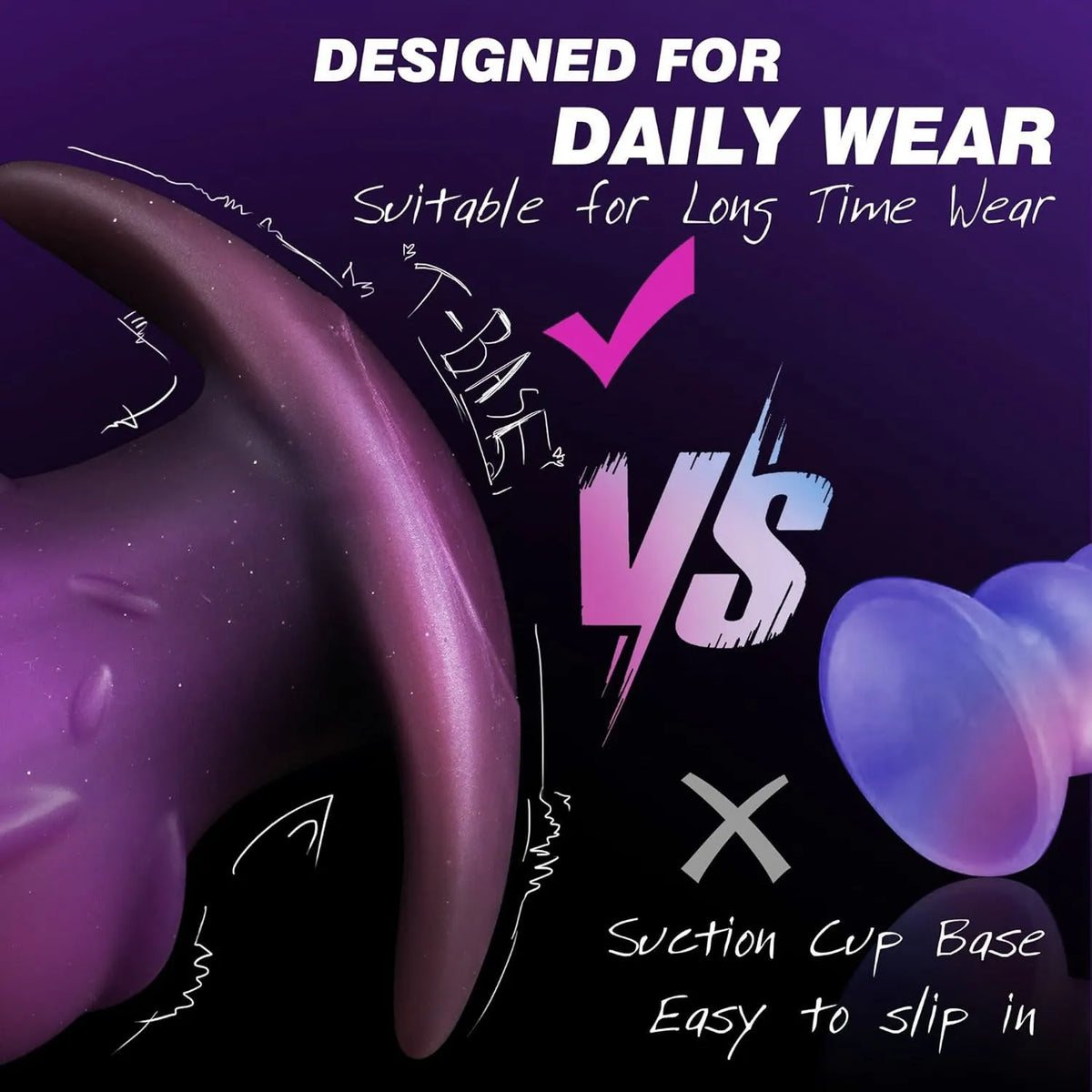 Wearable silicone adult masturbator in black, gold, or purple colour, shown in sizes S, M, L, and XL.