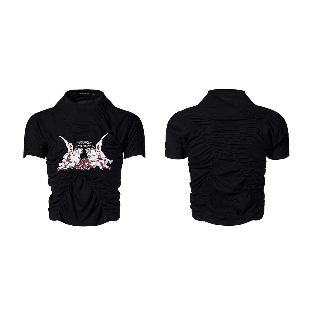 Men's black printed slim fit short sleeve t-shirt with round neck collar