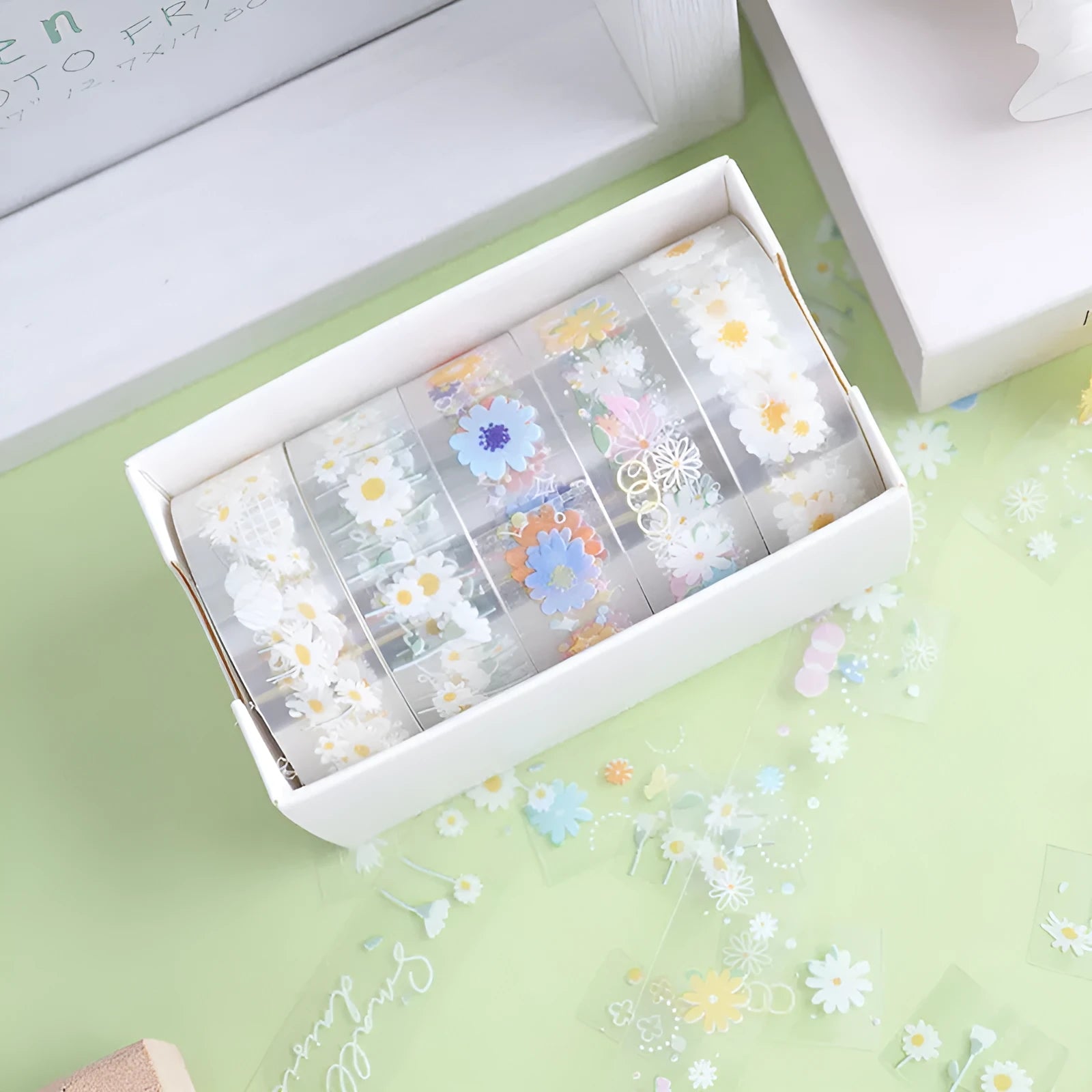 Transparent adhesive tape with colourful Midsummer Daisy cartoon pattern decoration on roll