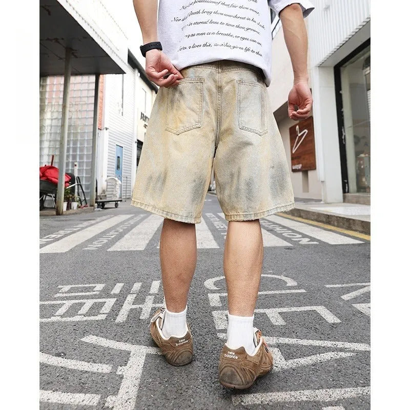 Men's light blue washed ripped denim shorts straight leg mid-length casual style