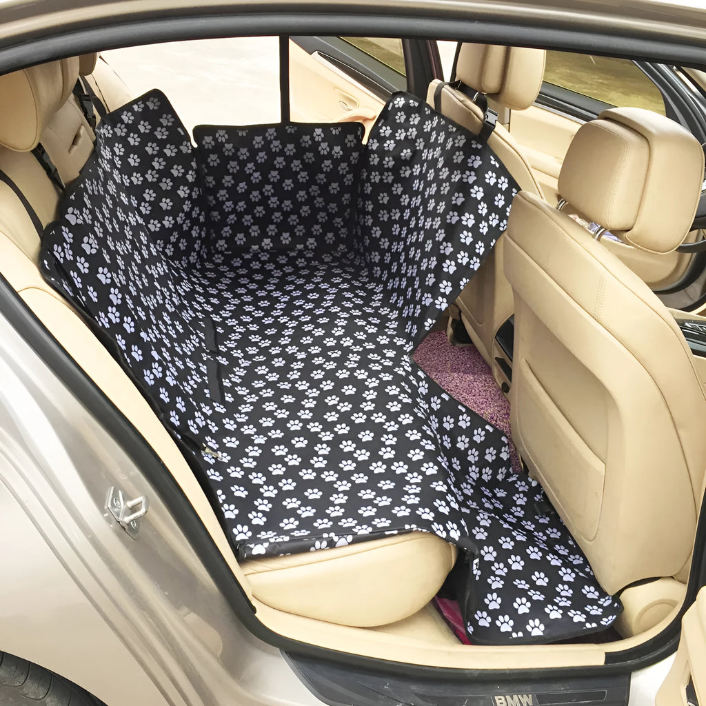 Black cat paw print polyester dog car rear seat cushion, 130cm x 145cm x 40cm, two-seater pet cushion
