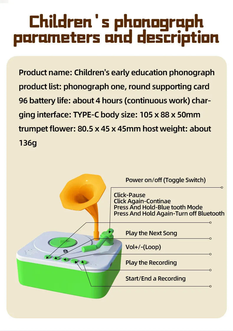 Green ABS children's early learning story machine, 80.5 mm x 45 mm x 45 mm, with Bluetooth and recording