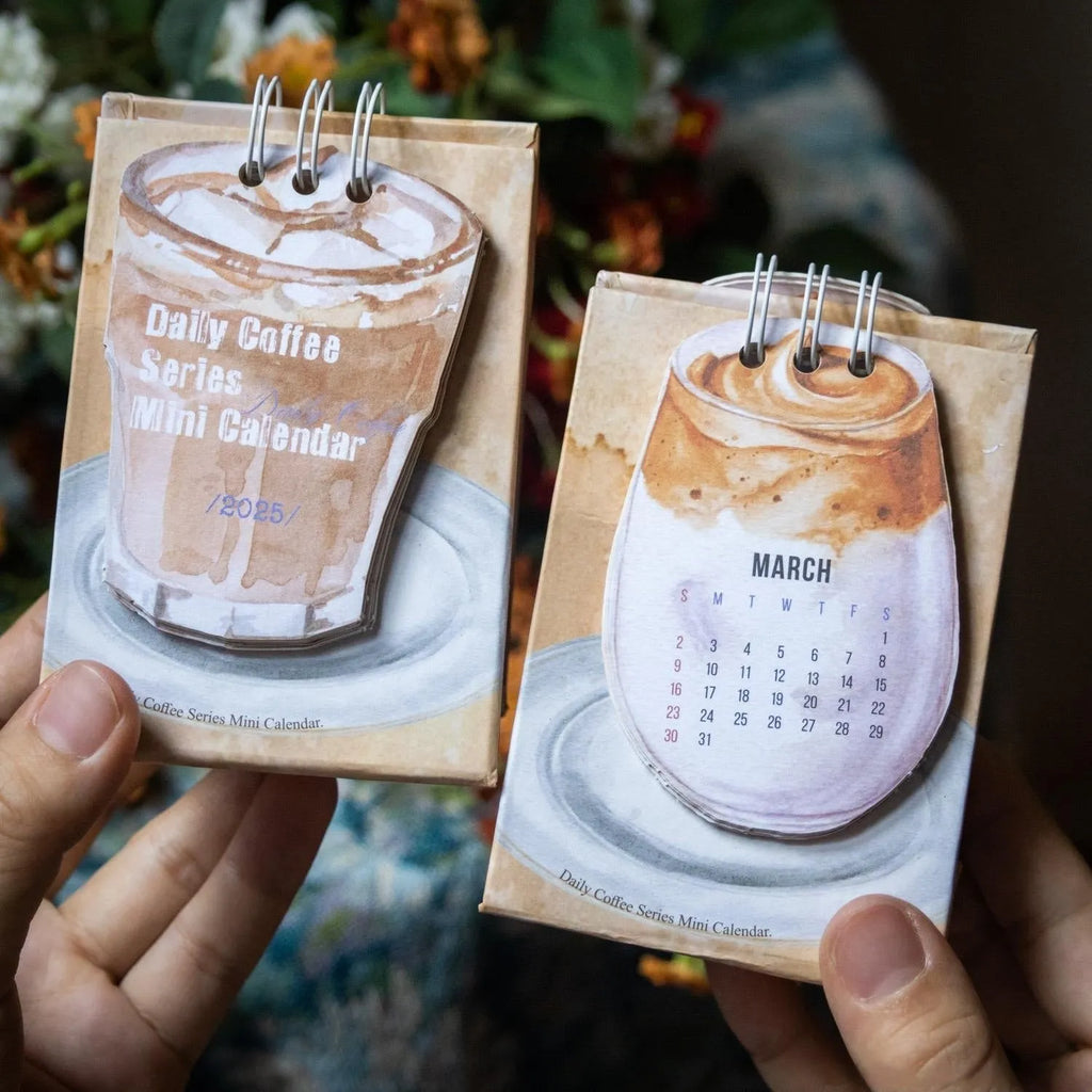 Coffee-themed mini desk calendar for 2025 with motivational designs for compact organisation