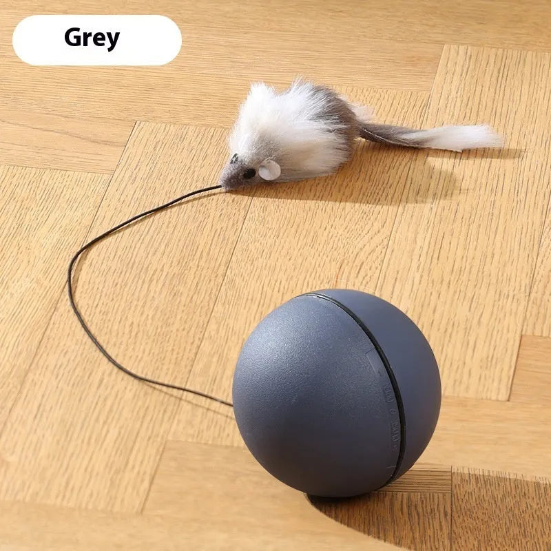 Automatic cat teasing ball toy with attached grey plush mouse on a blue and orange plastic ball