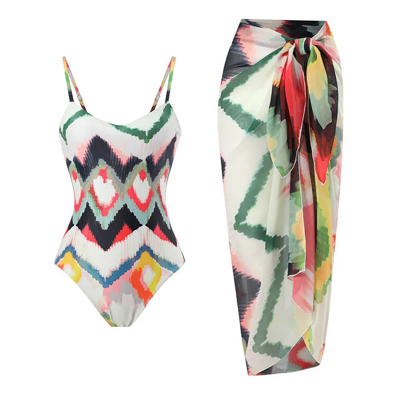 Women's two-piece beach swimsuit with matching hip skirt in striped gradient pattern
