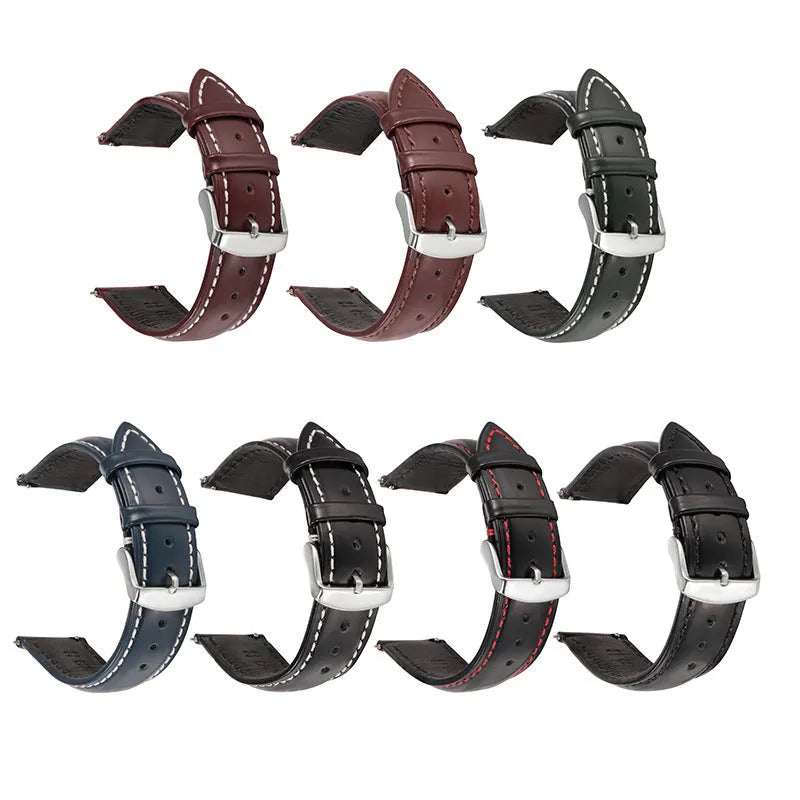Quick release cowhide leather watch strap in black showing buckle and quick release spring bar mechanism.