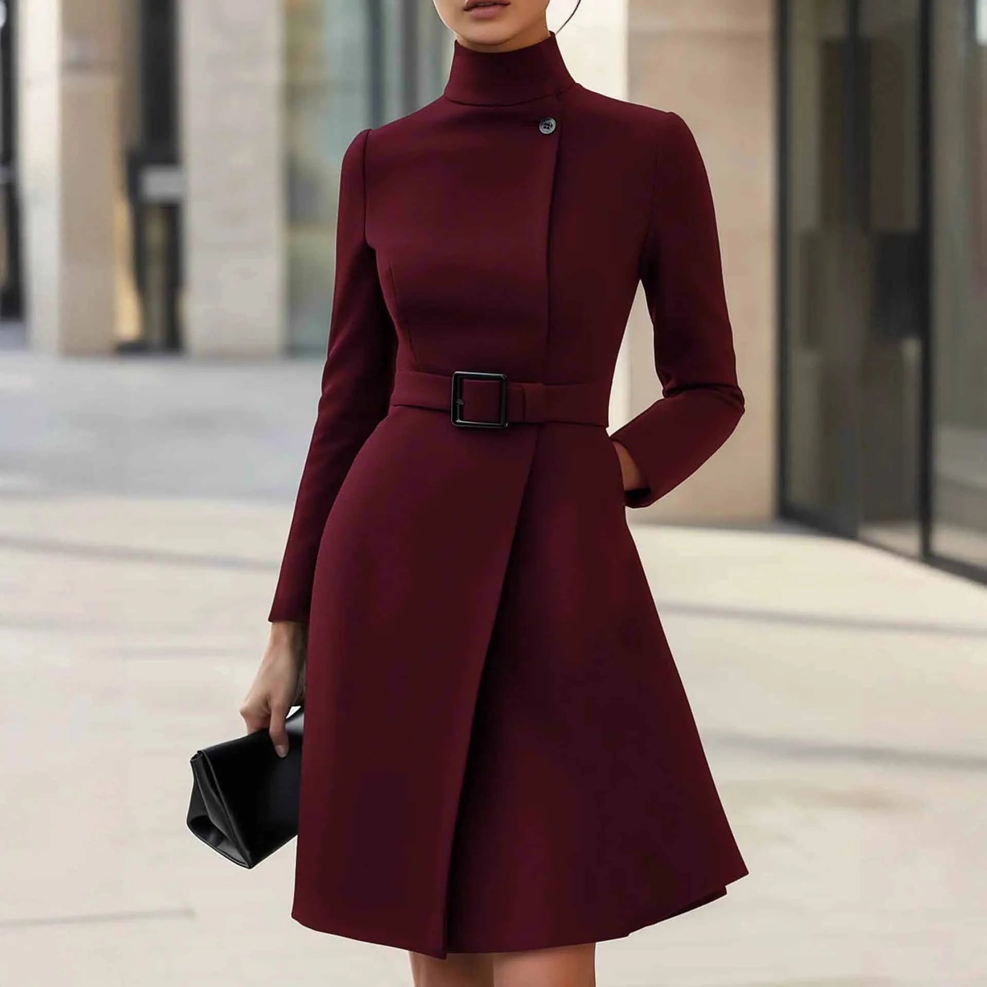 Women's bohemian style long sleeve dress with high waist and stand collar in black or wine red