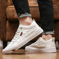 Men's white lace-up casual sneakers with PU leather upper and round toe