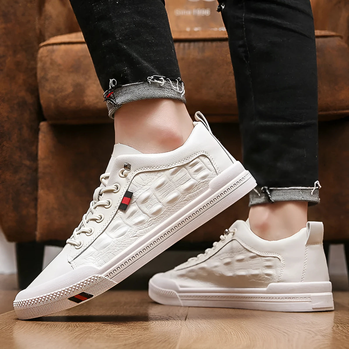 Men's white lace-up casual sneakers with PU leather upper and round toe