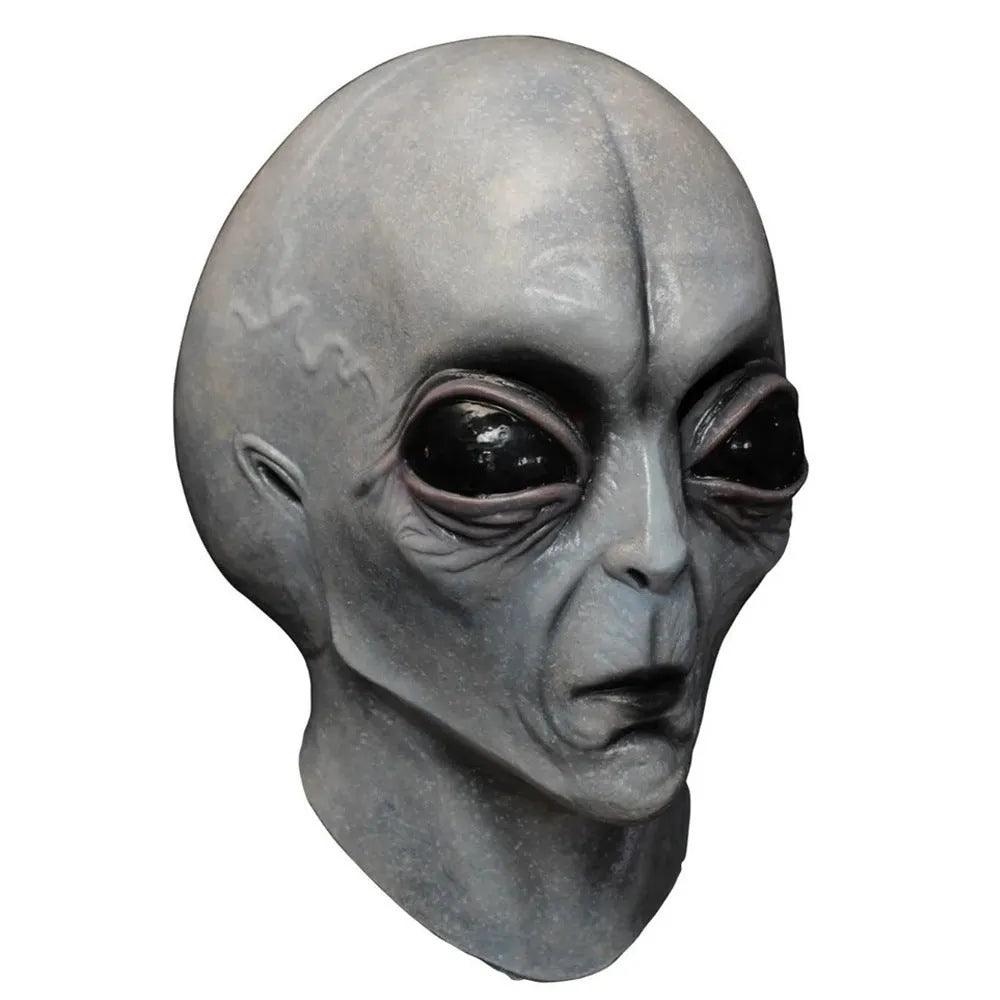 Grey latex big-eyed alien mask, 13cm x 22cm x 30cm, for Halloween fancy dress