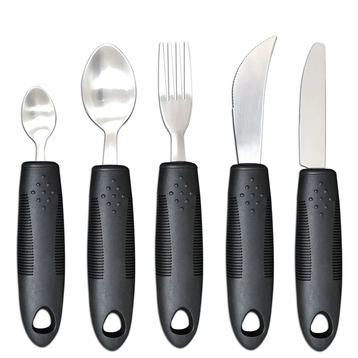 Anti-shake adaptive tableware set with stainless steel utensils and rubber handle grips